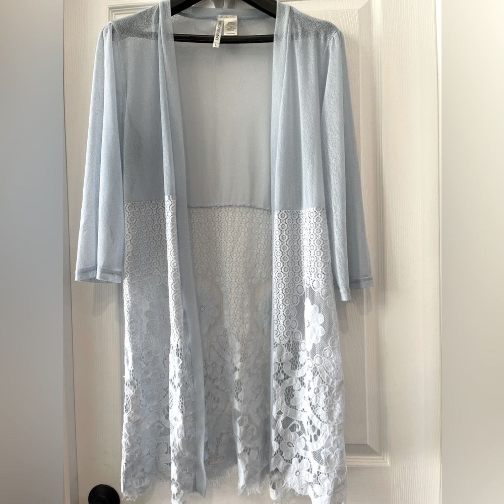 FORGOTTEN GRACE EMBROIDERED MESH DUSTER sky light blue/ Large Cardigan